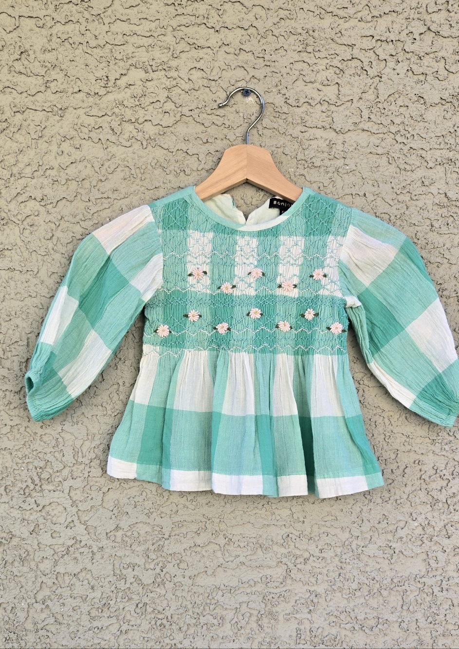 Bonjour Smocked Green Plaid Girls' Top with Floral Embroidery